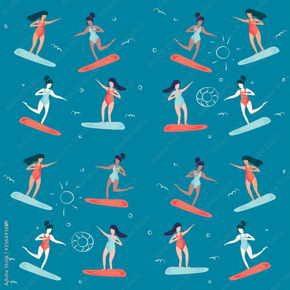 Trendy retro vintage vector summertime vacation seamless pattern illustration: women and girls surfing on surfboards. Summertime sea beach holidays or rest time concept.