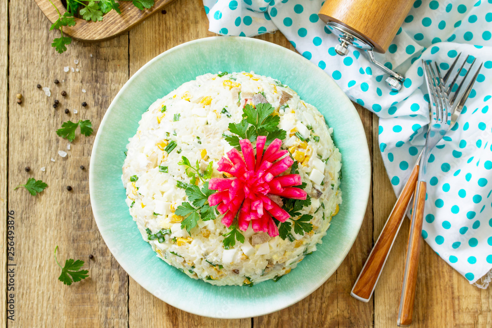 Festive snack on Easter table. Salad with Rice, Onion, Egg, Corn and Mushrooms on table. Top view flat lay background. Festive snack on Easter table. Salad with Rice, Onion, Egg, Corn and Mushrooms on table. Top view flat lay background.