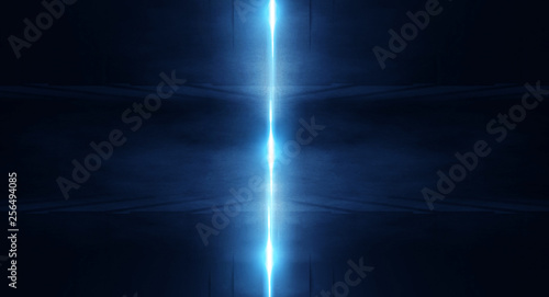 Tunnel in blue neon light, underground passage. Abstract blue background. Background of an empty black corridor with neon light. Abstract background with lines and glow