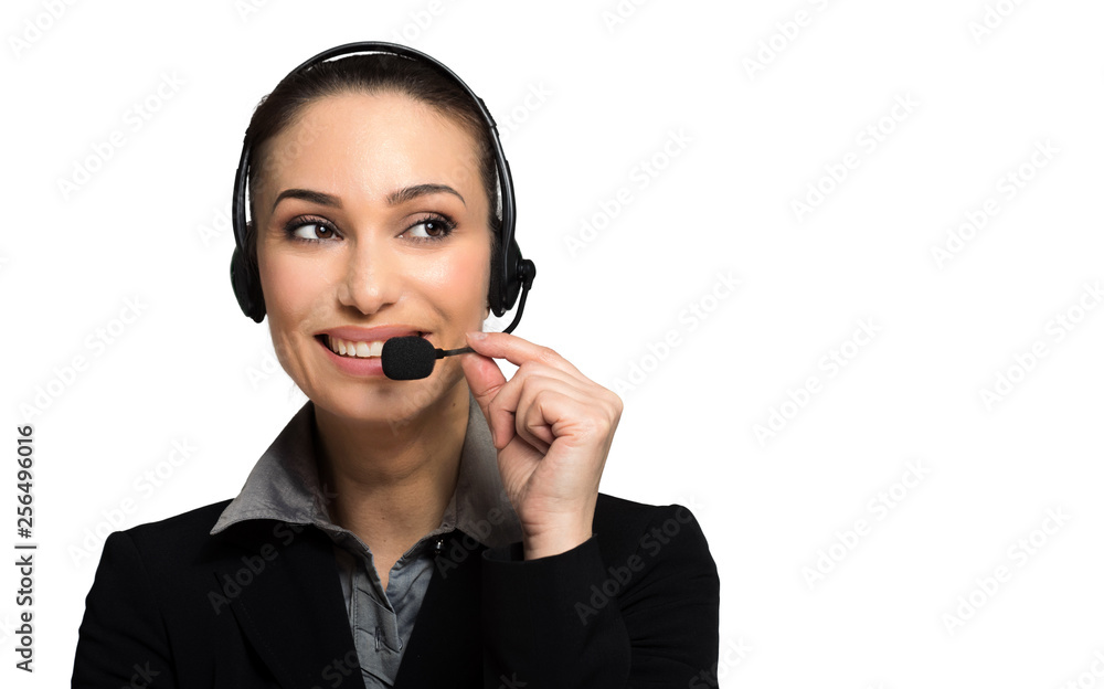 Beautiful consultant of call center in headphones on white background Beautiful consultant of call center in headphones on white background
