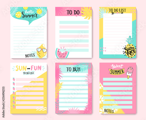 Templates for notes, to do and buy lists.Organizer,planner,schedule for your design.Summer hand drawn blanks with tropical leaves,ice cream and fruits-pineapple,watermelon,lemon.Vector illustration.