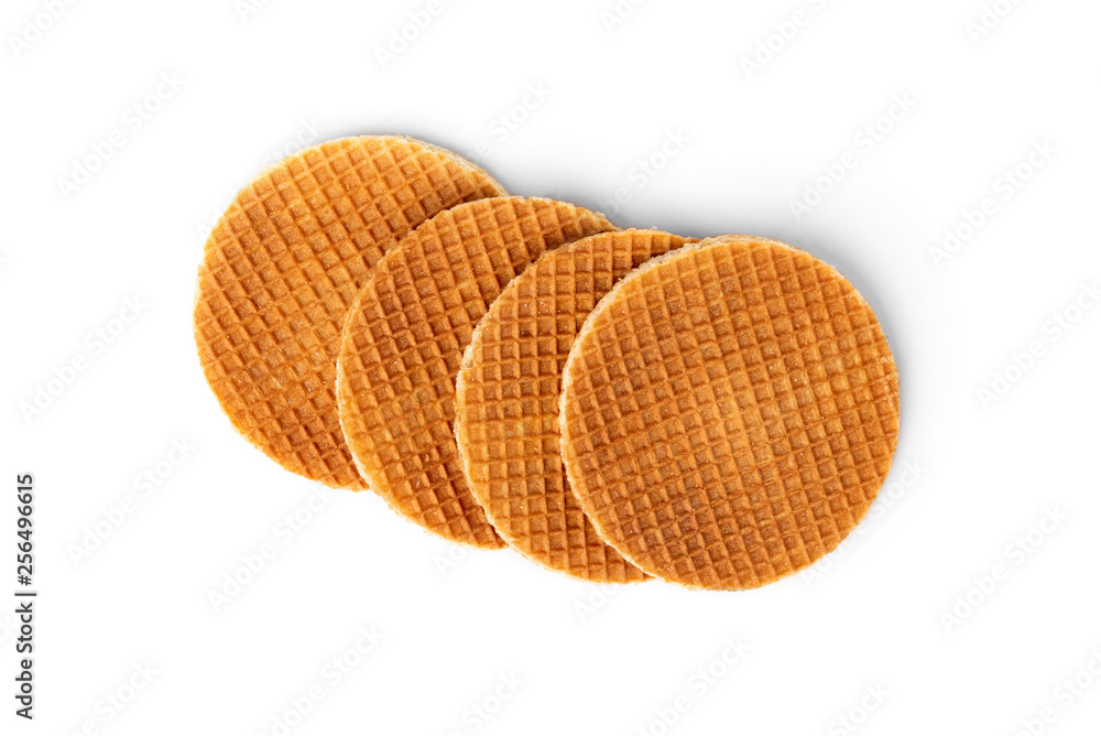 Waffles with caramel filling isolated on white background. Waffles with caramel filling isolated on white background.