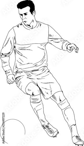 running football player with a ball scoring a goal, hand-drawn sketch