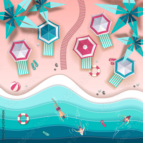 Top view of tropic summer beach with ocean background. Paper cut out art design