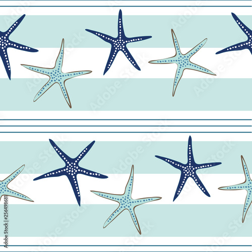 Coastal, nautical starfish repeat pattern. White pinstripes and sea stars on a turquoise background. Seamless vector design with fresh clean look that says vacation, beach wedding or resort and spa.