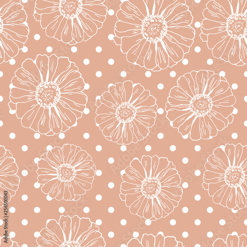 Seamless pattern with flowers (zinnia, camomile, daisy), circles for textile, bedlinen, pillow, undergarment, wallpaper, packing paper. Polka dots, spotted design. Vector illustration