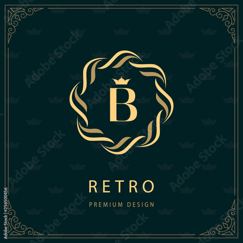Emblem of the Weaving Circle. Letter B. Monogram Graceful Template. Simple Logo Design for Luxury Crest, Royalty, Business Card, Boutique, Hotel, Heraldic. Calligraphic Vintage Border. Vector