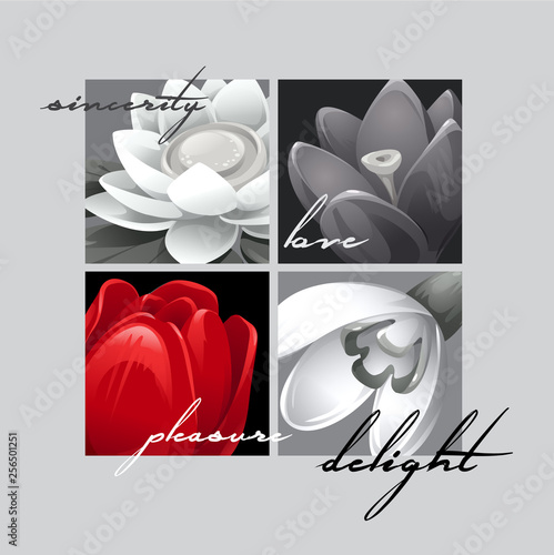 vector illustration of flowers with romantic words in vintage style
