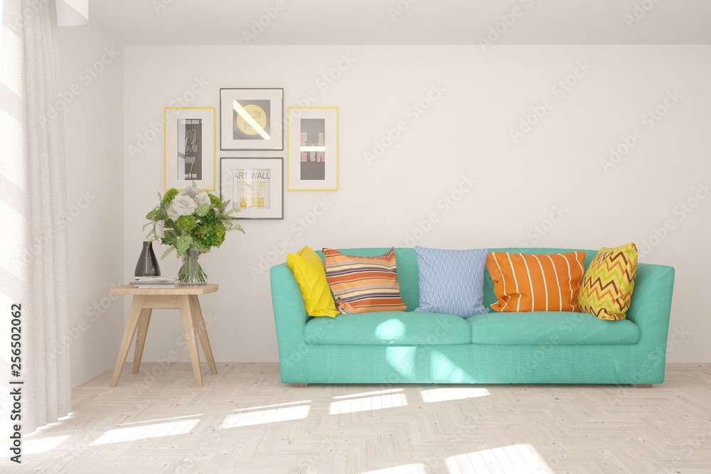 Naklejka premium White stylish minimalist room with colorful sofa. Scandinavian interior design. 3D illustration