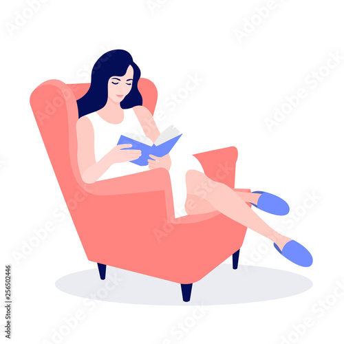 The young woman sits in a armchair and reads the book. Leisure of the house. Vector flat illustration