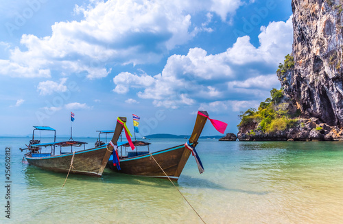 Traditional Long tail boat tropical beach, Krabi, Thailand