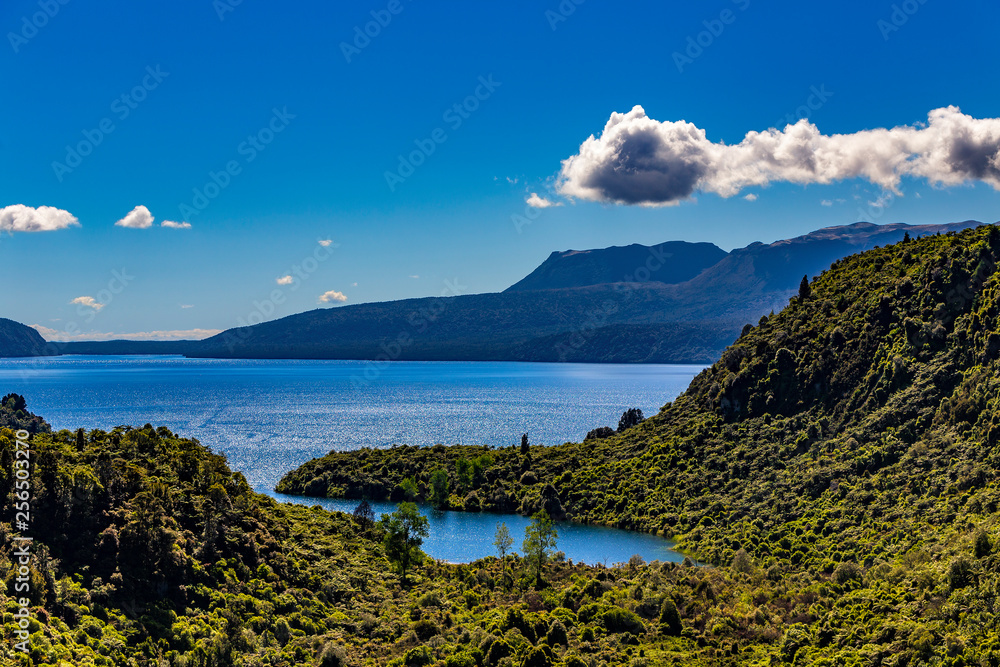 New Zealand, North Island, Rotorua District. Lake Tarawera with volcano Mount Tarawera