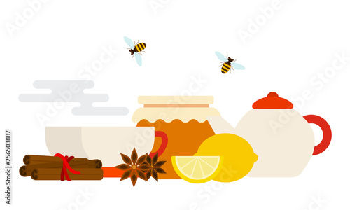 Cinnamon, lemon, anise, teapots for tea making, pot of honey, tea cups with hot steam and flying bees flat isolated