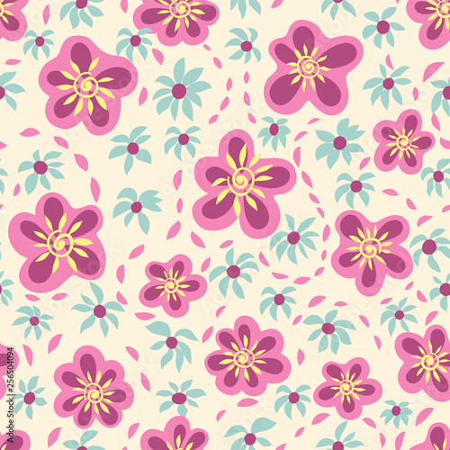  Seamless pattern with pastel flowers on a cream background. Great for fabrics, wrapping paper, cards, invitations.