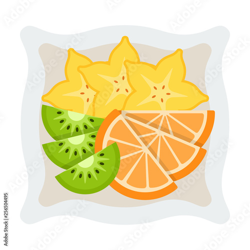 Pieces of fruit for breakfast on a plate vector icon flat isolated