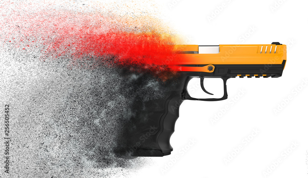 Modern semi auto handgun dissolving into particles Modern semi auto handgun dissolving into particles
