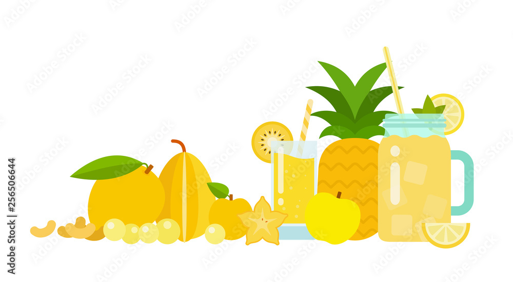 Pineapple juice in a glass, lemonade in a glass jar with set of exotic fruits of yellow color flat isolated Pineapple juice in a glass, lemonade in a glass jar with set of exotic fruits of yellow color flat isolated