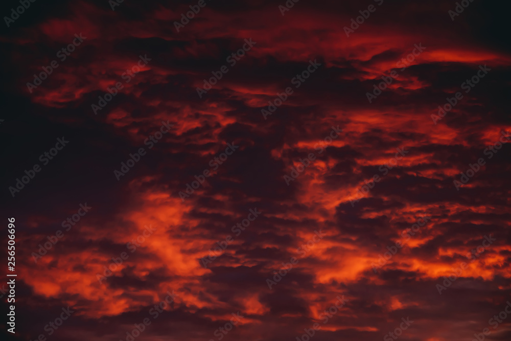 Fiery red blood vampire dawn. Amazing warm dramatic fire cloudy sky. Vivid orange sunlight. Atmospheric background of sunrise in overcast weather. Hard cloudiness. Storm clouds warning. Copy space.