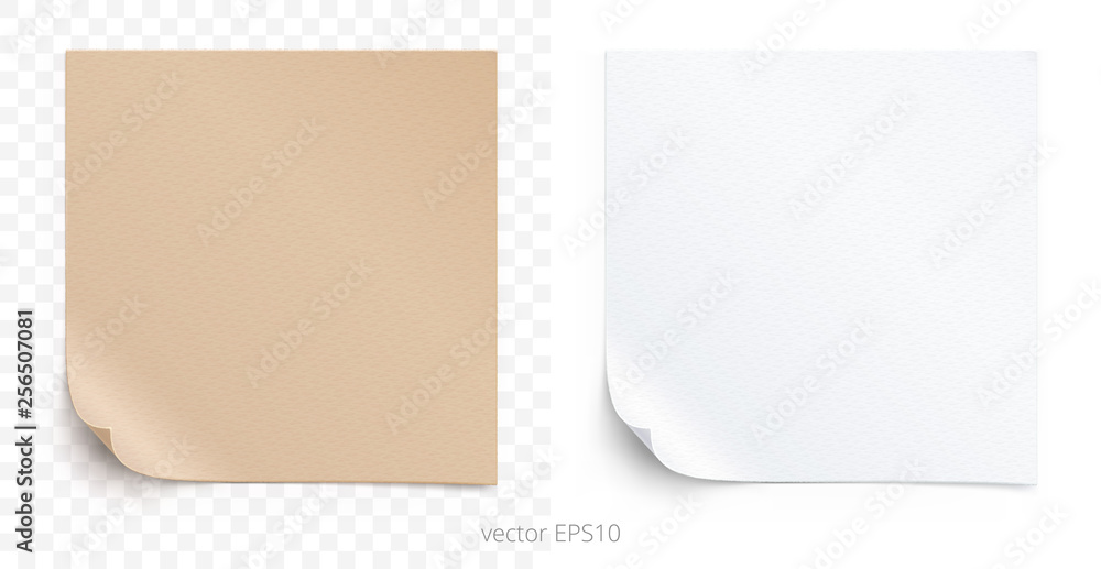 Vector set of adhesive stickers with a folded corners. Brown cardboard and white paper squares. Realistic textures. Transparent shadows. Vector set of adhesive stickers with a folded corners. Brown cardboard and white paper squares. Realistic textures. Transparent shadows.
