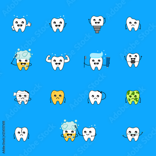 Cute tooth cartoon character. Emoticons with different facial expressions. Dental care concept isolated on blue background. icons set. Vector Illustration.