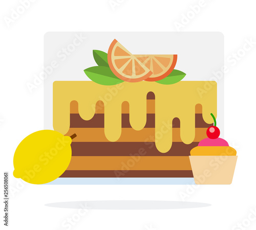 Lemon cake, muffin with cherry and lemon flat isolated