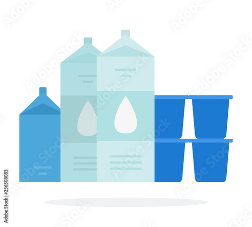 Milk packages, kefir, buttermilk, fermented milk and yoghurt in plastic container flat isolated