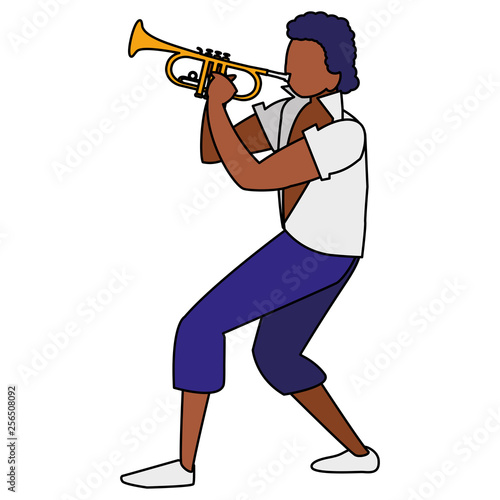 black tropical musician playing trumpet character