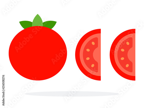 Whole fruit of the tomato and two wedges of tomato flat isolated