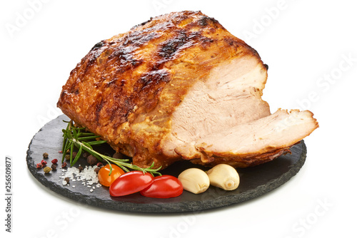 Baked pork roast, spicy meat, close-up, isolated on white background