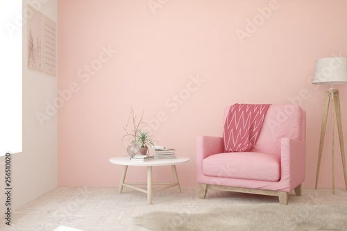 Pink cozy minimalist room with armchair. Scandinavian interior design. 3D illustration © AntonSh