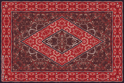 Vintage Arabic pattern. Persian colored carpet. Rich ornament for fabric design, handmade, interior decoration, textiles. Red background.