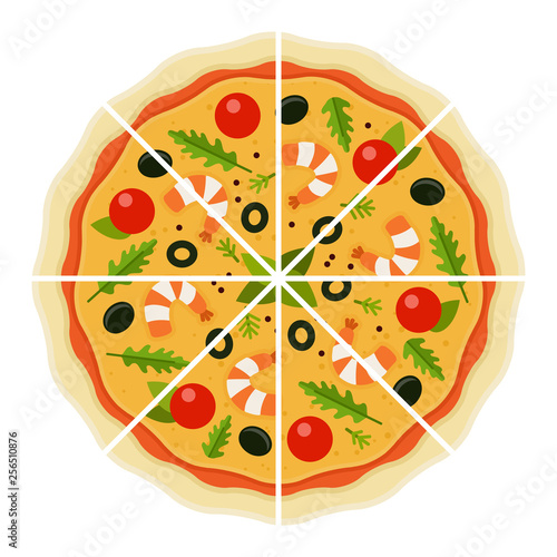 Seafood pizza cut into pieces vector flat isolated