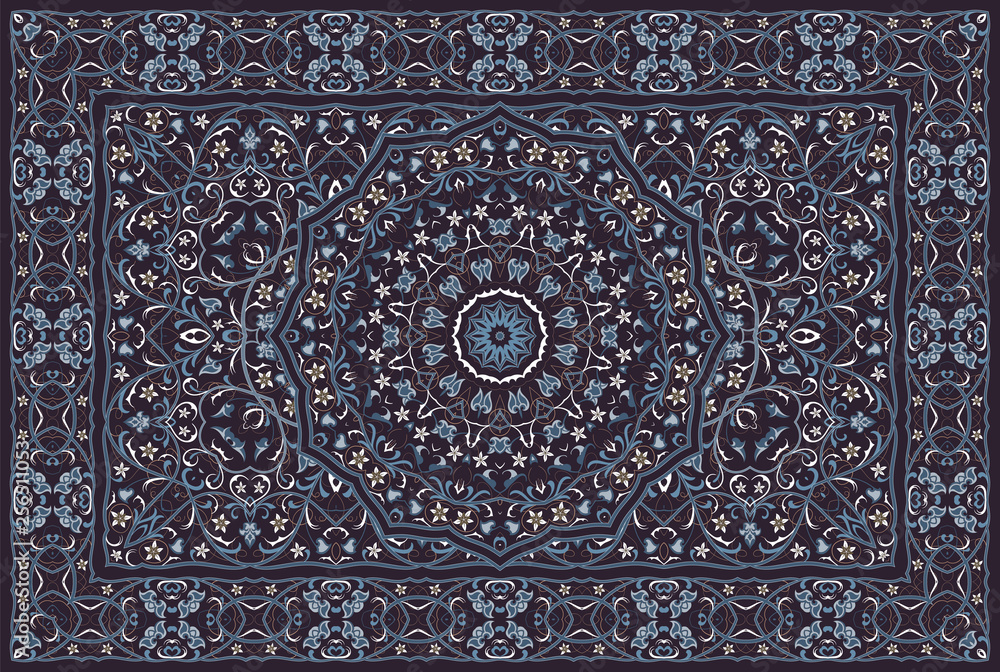Vintage Arabic pattern. Persian colored carpet. Rich ornament for fabric  design, handmade, interior decoration, textiles. Blue background. Stock  Vector | Adobe Stock