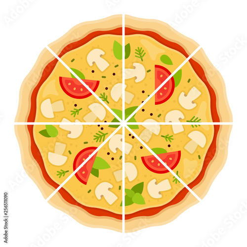 Mushroom pizza cut into triangular pieces vector flat isolated