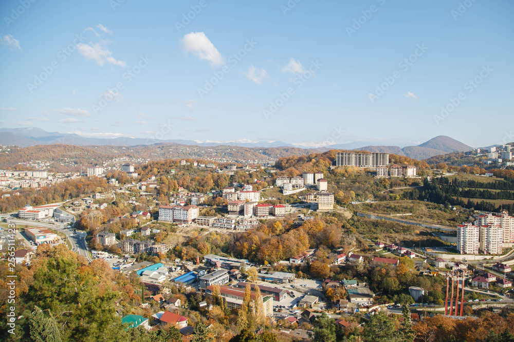 View of the city of Sochi from the observation deck of the arboretum. T