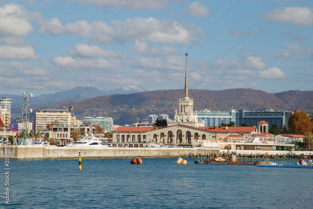 Views of the seaport area in Sochi, Russia. Travel to Sochi in December.