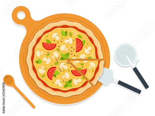 Mushroom Pizza on a wooden board with utensils flat icon vector isolated