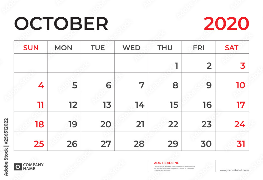 OCTOBER 2020 Calendar template, Desk calendar layout Size 9.5 x 6.5 inch, planner design, week starts on sunday, stationery design, vector Eps10 OCTOBER 2020 Calendar template, Desk calendar layout Size 9.5 x 6.5 inch, planner design, week starts on sunday, stationery design, vector Eps10