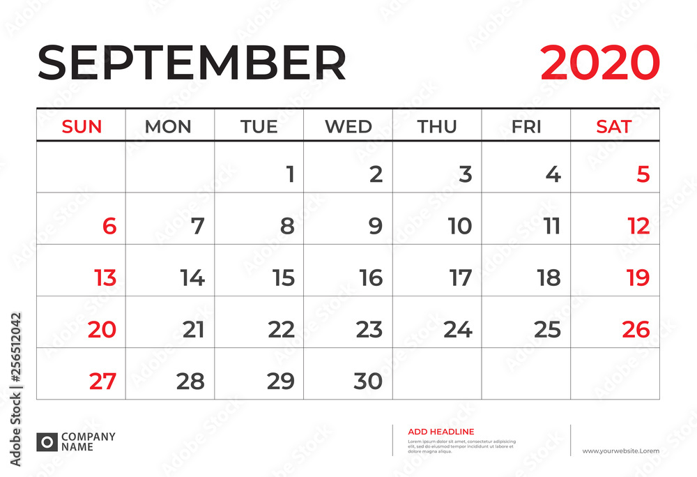 SEPTEMBER 2020 Calendar template, Desk calendar layout Size 9.5 x 6.5 inch, planner design, week starts on sunday, stationery design, vector Eps10 SEPTEMBER 2020 Calendar template, Desk calendar layout Size 9.5 x 6.5 inch, planner design, week starts on sunday, stationery design, vector Eps10