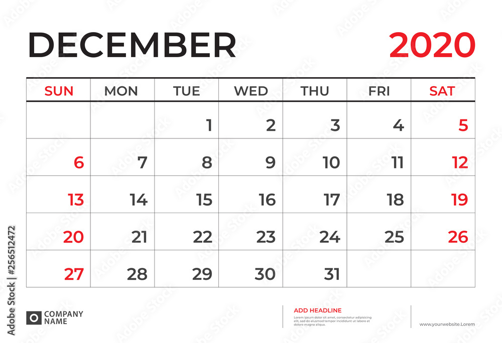 DECEMBER 2020 Calendar template, Desk calendar layout Size 9.5 x 6.5 inch, planner design, week starts on sunday, stationery design, vector Eps10 DECEMBER 2020 Calendar template, Desk calendar layout Size 9.5 x 6.5 inch, planner design, week starts on sunday, stationery design, vector Eps10