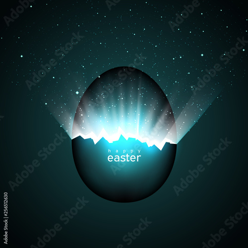 Broken easter egg and universe. Rays of light and space with stars from cracks in an easter egg on a dark background. Vector, space for text, creative greeting card design