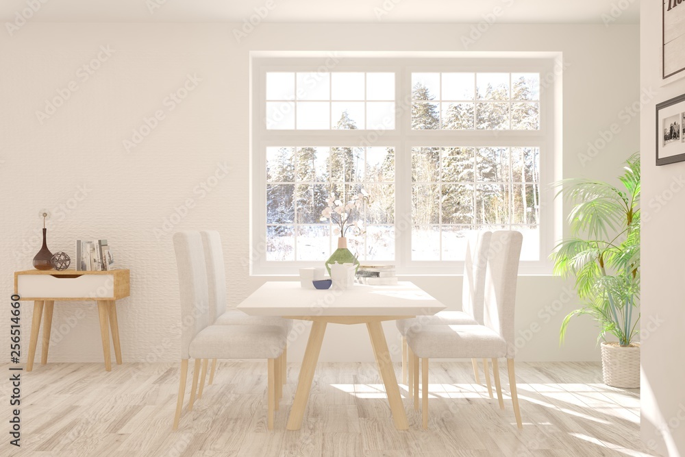 Fototapeta premium White stylish minimalist dinner room with winter landscape in window. Scandinavian interior design. 3D illustration