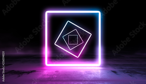 Glowing lines vibrant colors tunnel abstract background. Neon pink blue lights in empty space with smoke. 3d render.