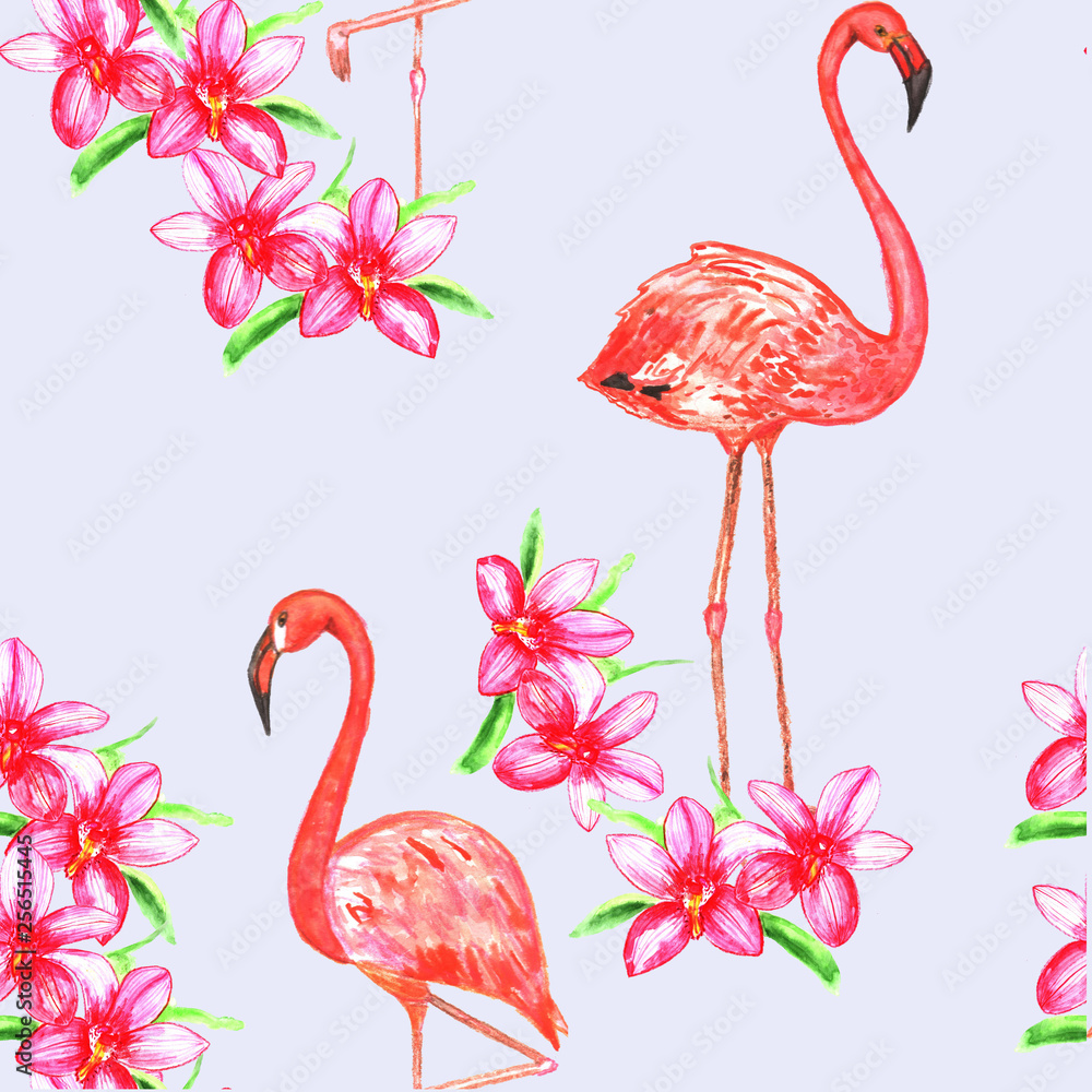 Obraz premium Seamless pattern with flamingos and flowers. Watercolor