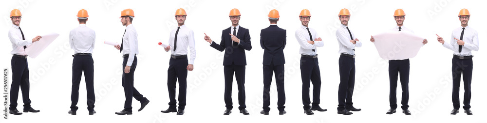 panoramic photo collage of confident architect isolated on white panoramic photo collage of confident architect isolated on white
