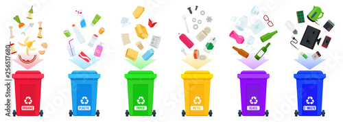 Waste sorting vector. Set of trash bins with sorted garbage. Various kinds of trash: organic, plastic, paper, metal, glass, e-waste. Colorful trash cans.