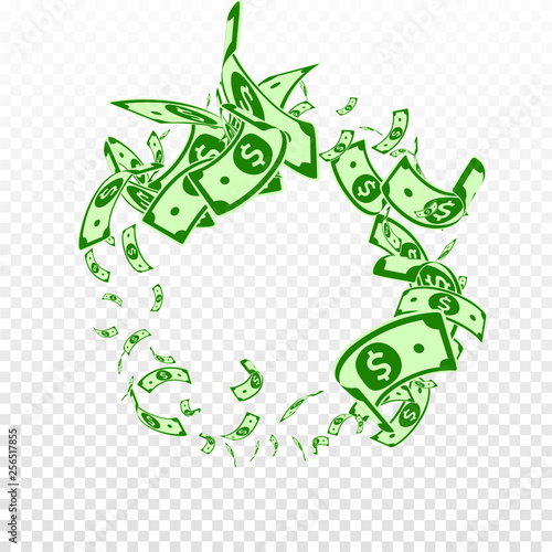 American dollar notes falling. Messy USD bills on 
