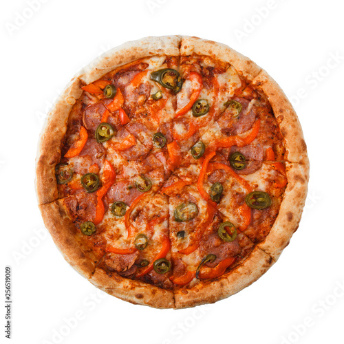 Delicious classic italian Burning Pizza with sausages, pepper, jalapeno sauce and cheese