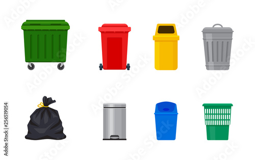 Fotografiet Flat illustration of street and in-house trash bins