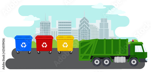 City landscape and containers with waste for recycling and sorting garbage. Waste management. Garbage truck and trash bins.Vector isolated illustration with colorful trash bins and green garbage truck